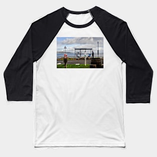 People chatting around a bus shelter - Lochranza, Scotland Baseball T-Shirt